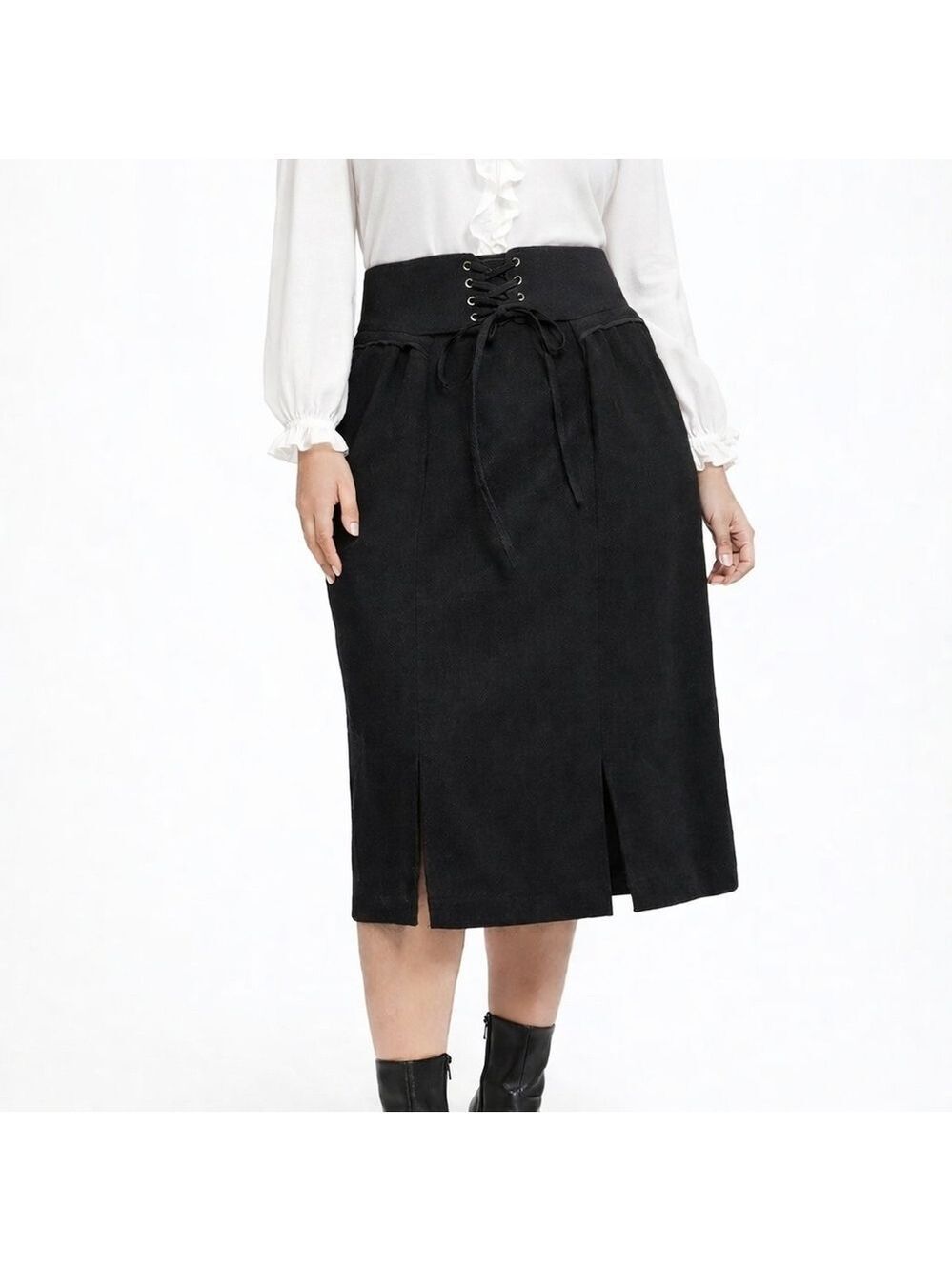 MXeM Black Lace-Up Corset Waist Midi Skirt Size 18 Plus  Coquettegirl Office